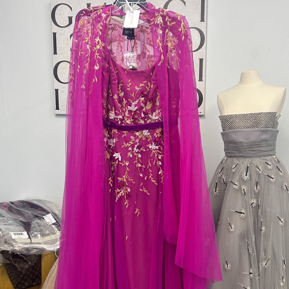 Marchesa Notte Fushia embroidered dress with sheer cape NWT
